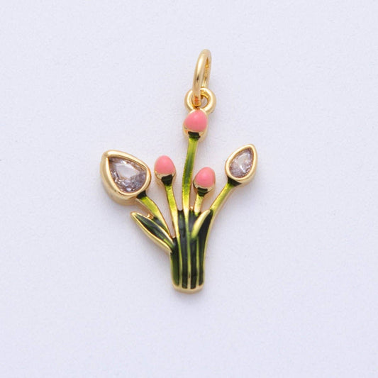 16K Gold Filled 19mm CZ Enamel Tulip Flower Charm | Charms-00102