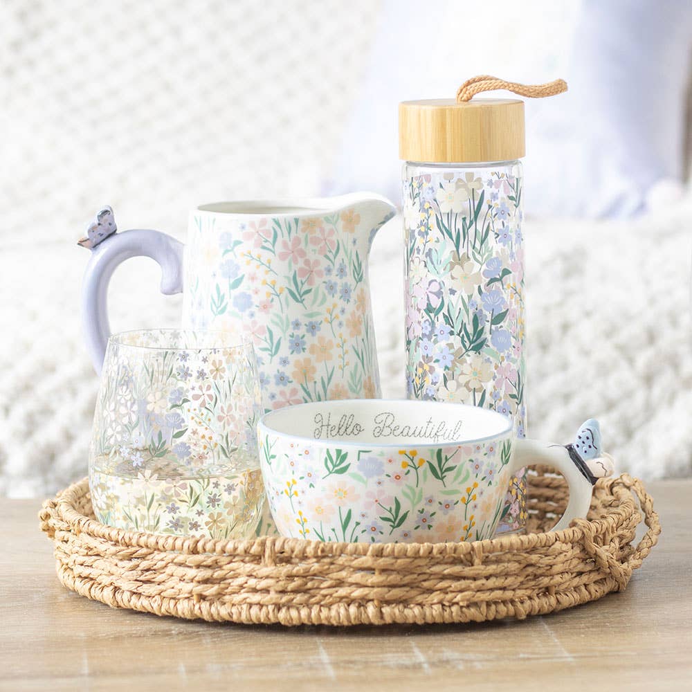 Ditsy Floral Print Glass and Bamboo Water Bottle