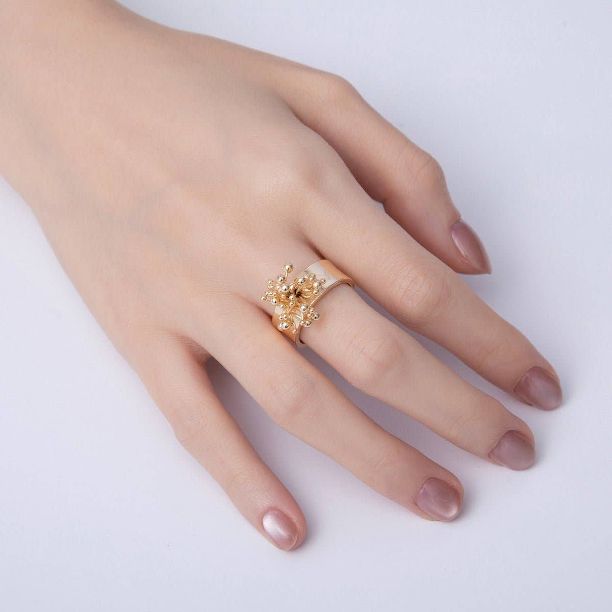 18K Gold Filled Minimalist Beaded Flower Wide Band Ring | O605
