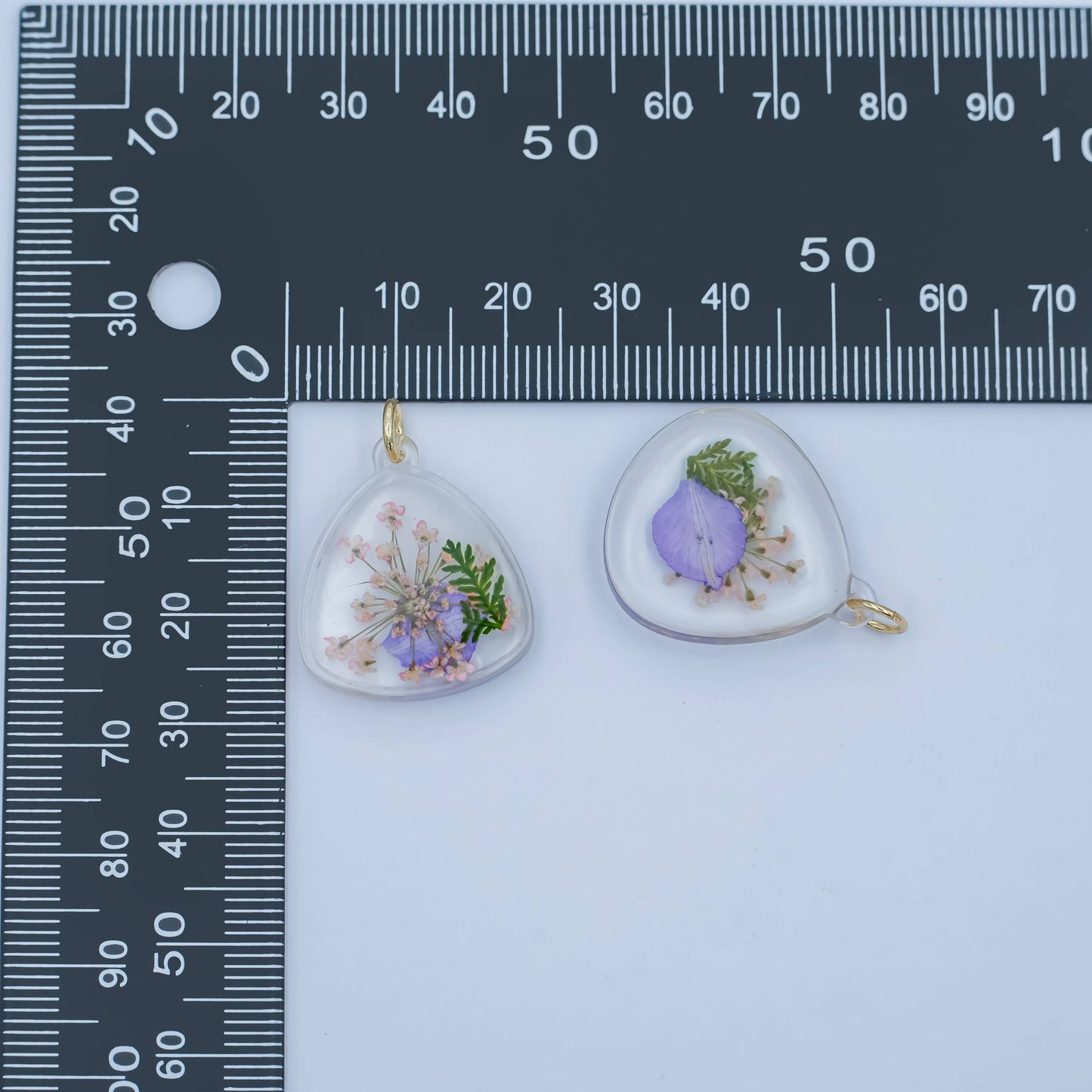 Handmade Pressed Blue Pink Flower Triangle Resin Charm | N060