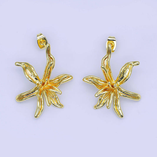 24K Gold Filled 32mm Molten Wild Lily Flower Drop Stud Earrings | AI513