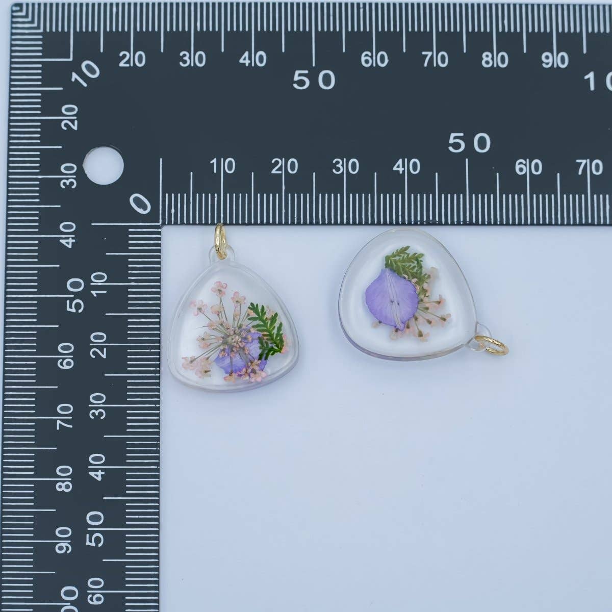 Handmade Pressed Blue Pink Flower Triangle Resin Charm | N060