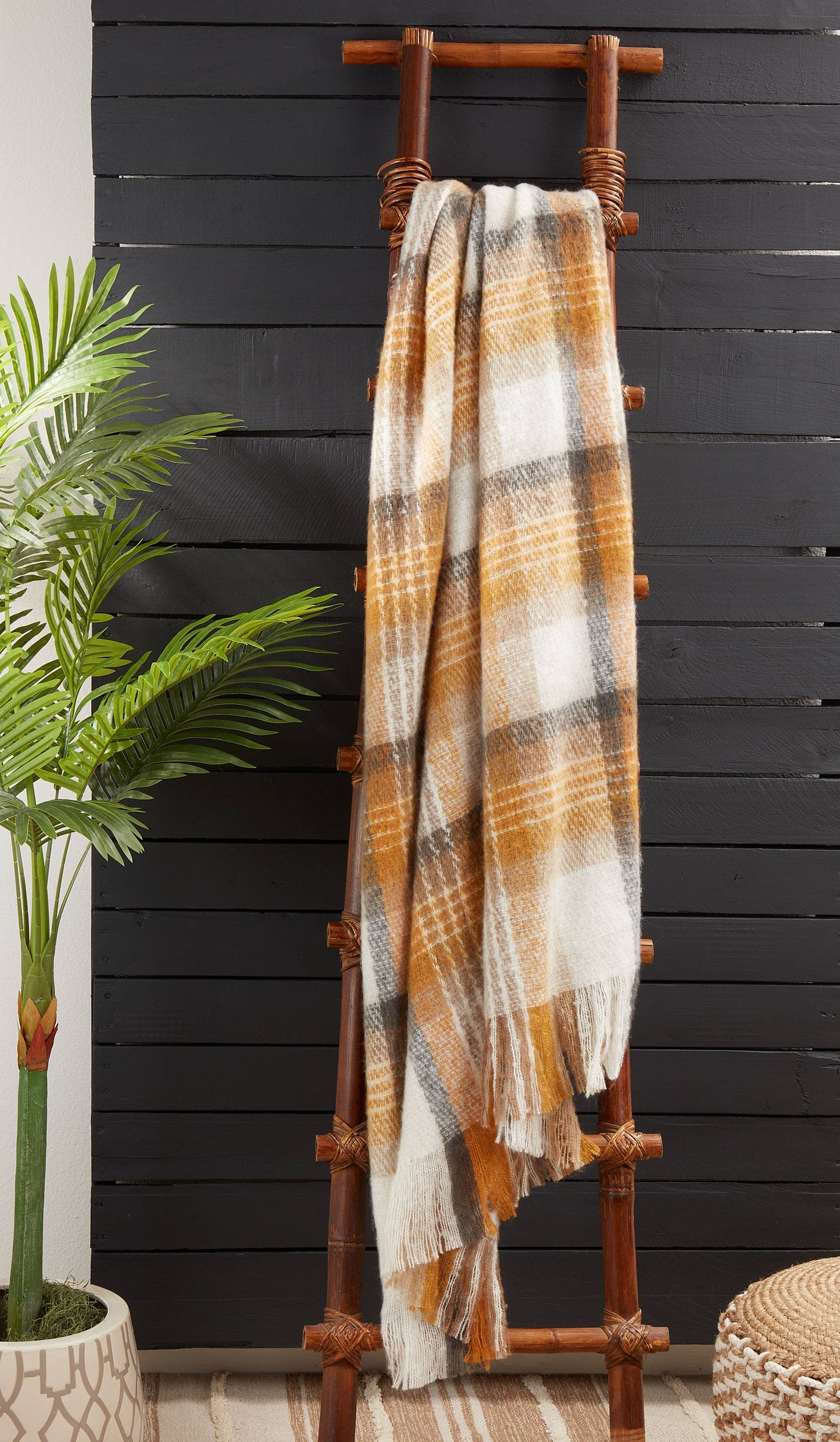 Faux Mohair Check Throw: Mustard / 50"x60"