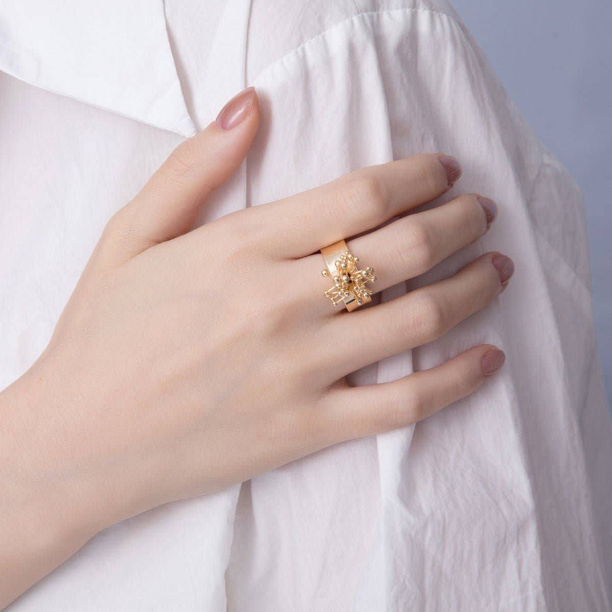 18K Gold Filled Minimalist Beaded Flower Wide Band Ring | O605