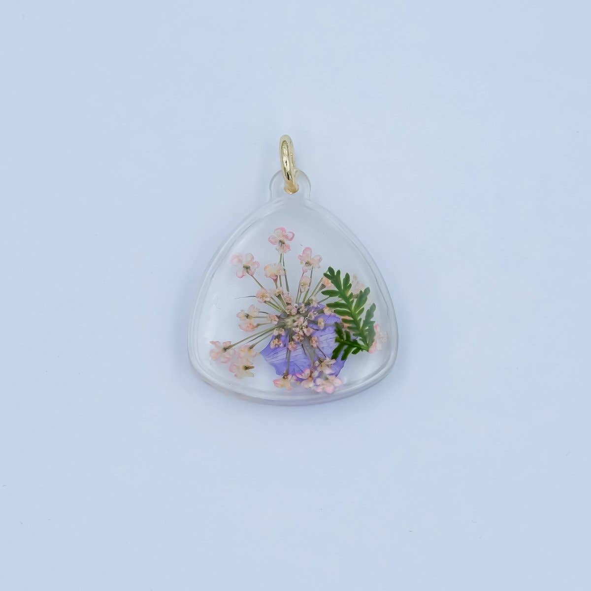 Handmade Pressed Blue Pink Flower Triangle Resin Charm | N060