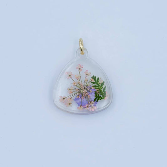 Handmade Pressed Blue Pink Flower Triangle Resin Charm | N060
