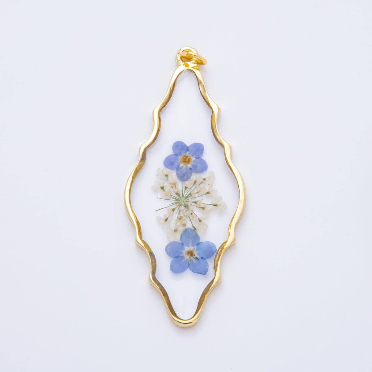 18K Gold Filled 54mm Resin Wavy Diamond-cut Blue Flowers Charm | AH849