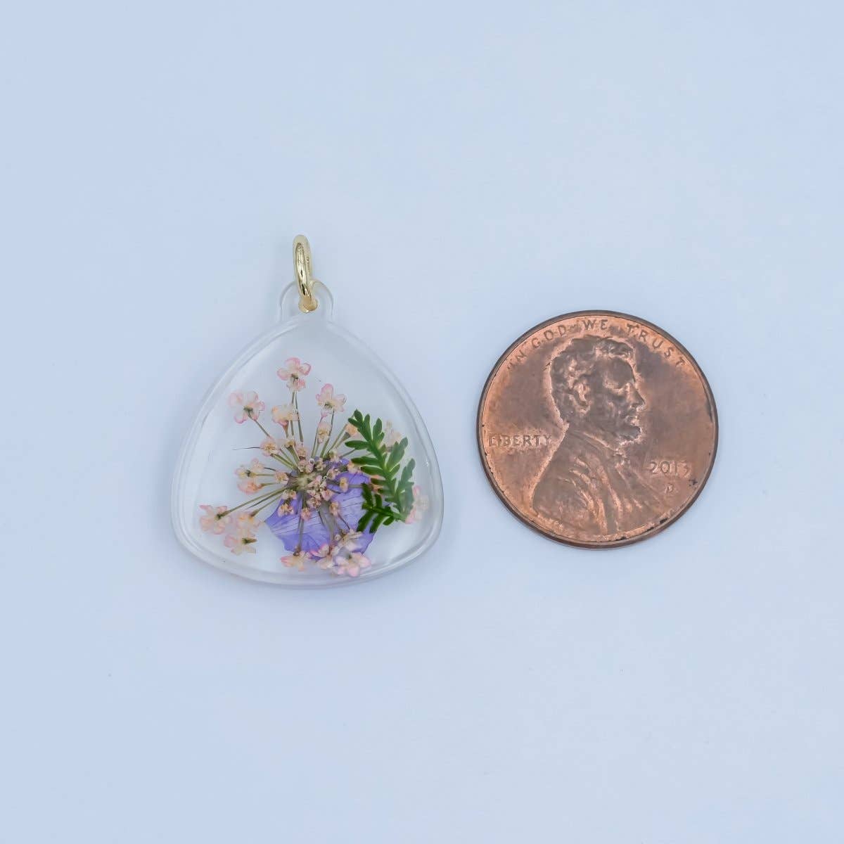Handmade Pressed Blue Pink Flower Triangle Resin Charm | N060